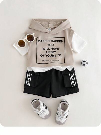 2pcs/Set Baby Boy/Girl Casual Letter Print Oversized Hooded Short Sleeve T-Shirt And Contrast Pocket Strap D-Ring Shorts Set, Suitable For Spring & Summer Outings
