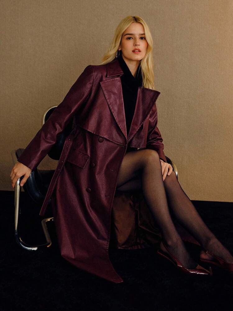 PU LEATHER BELTED DOUBLE BREASTED TRENCH COAT