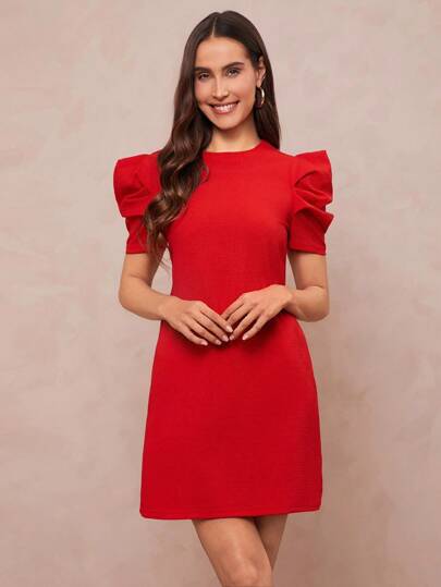 Amorya Solid Puff Sleeve Tunic Dress,Business Casual Woman Business Casual Woman Night Out Teacher Outfits For Women Church Outfits Women