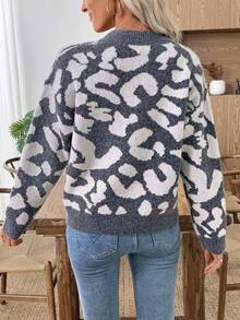 EMERY ROSE Women's Knitted Long Sleeve Crew Neck Pullover Jacquard Contrast Color Pattern Casual Fitted Sweater Gray Sweater Women Sweaters Fall Sweaters Leopard Print Sweater Animal Print Sweater Back To School Outfits Women Fall Clothes For Women Going Out Outfits - Grey - View 2