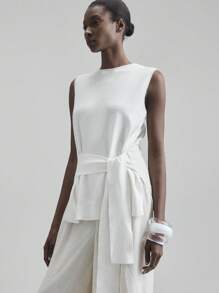 Ontre 2025 New Women's Clothing, Autumn/Winter Apparel, All Season Wear, Winter Clothing, Back To School Outfits, Halloween & Christmas, Women's Teacher Attire, Outerwear, Night Out Dresses, Wedding Guest Dresses, Elegant Wedding Guest Outfits, Church Attire, Women's Business Casual, Versatile Commuter Fashion, Office Tea Party, Independence Day Office Looks, Summer 2025 Solid Color Knotted Waist Side Slit Hem Sleeveless Knit Top - White - View 5