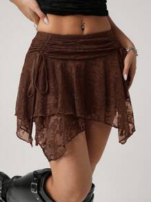 SHEIN ICON 性感低腰褶饰腰带蕾丝不对称下摆半身裙 - 棕色 - 查看 7