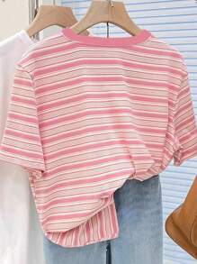 Women's T-Shirt/Bow Pattern Print/Pink Striped Plaid Large Size T-Shirt/Embroidery Craft/Women's Casual Ultra-Loose Round Neck Top/Spring And Summer