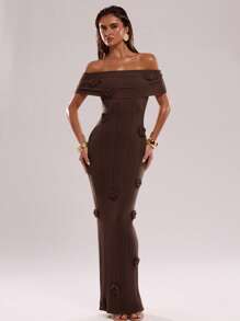 SHEIN BAE Sexy Women's Solid Color Off-Shoulder Semi-Sheer Dress - Coffee Brown - View 3