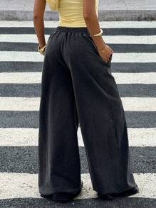 SHEIN EZwear 女士黑色针织阔腿运动裤 - 黑色 - 查看 2