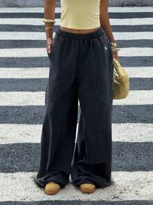 SHEIN EZwear 女士黑色针织阔腿运动裤 - 黑色 - 查看 5