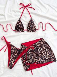 Soleia Plus Size Women's Reversible Leopard Print & Red Color Matching Bikini 3 PiecesBikini Set Set For Summer Beach Vacation Cheetah Print - Multicolor - View 5