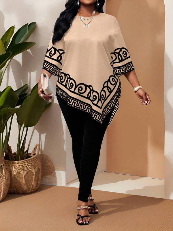 SHEIN Lady قميص مطبوع بألوان متباينة ذو حافة غير متماثلة للمرأة البدينة الأنيقة للتنقل