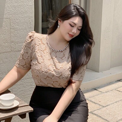 플러스플러스 사이즈 여성 플로럴 프린트 퍼프 슬리브 우아한 봄/가을 티셔츠, 파티에 적합