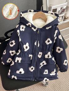 Elladie kids 女童冬季新款拉链连帽羽绒服，时尚加厚印花腰袋可爱甜美羽绒服，儿童冬季外套，女童冬季外套，儿童印花外套，女童印花外套，儿童保暖内衬外套 - 黑與白 - 查看 3