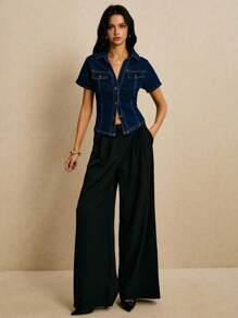 Poéselle Casual Front Button Short Sleeve Women Denim Jackets, Old Money, Business Casual Woman, Fall Women Clothes