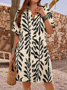 EMERY ROSE 大码女式植物图案V领无袖休闲连衣裙，夏季 - 黑色 - 查看 1