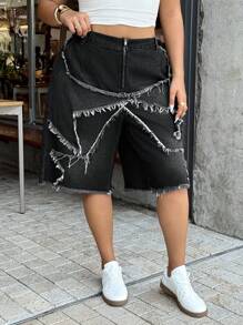 Dripcurv 大码女式磨边阔腿宽松休闲牛仔短裤 - 藍色 - 查看 1