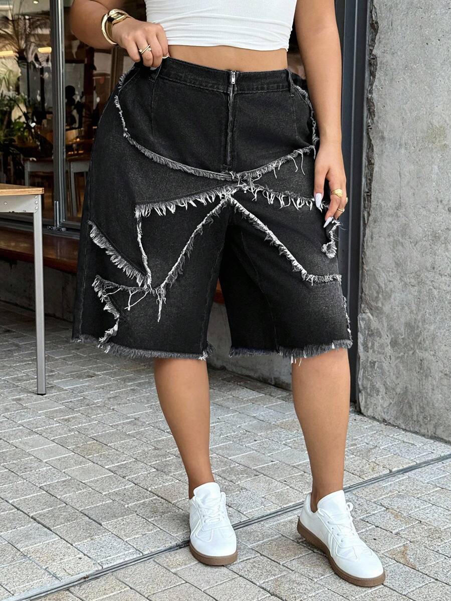 Dripcurv 大码女式磨边阔腿宽松休闲牛仔短裤 - 藍色 - 查看 1