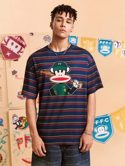 Paul Frank X SHEIN Men's Striped & Cartoon Graphic Round Neck Short Sleeve T-Shirt