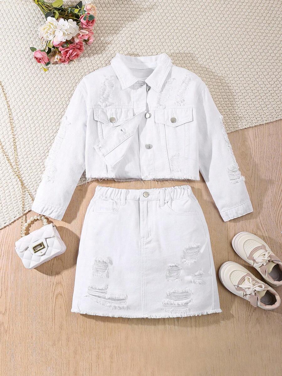 Tween Girl Y2K Cute Pink Casual Distressed Short Jacket, Drawstring Waist Denim Mini Skirt 2-Piece Set - White - View 1