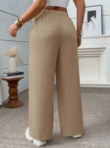 Plus Size Women Contrast Color Pleated Wide Leg Loose Casual Beach Pants - Ginger - View 2