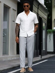 Manfinity Homme Men's Solid Color Fold Pleated Pocket Casual Pants Men Pleated Dress Pants Men Light Grey Dress Pants Men Suit Pants