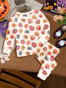 SHEIN 奶油白色南瓜色，超级可爱的南瓜图案，秋天的气息，女婴休闲简约舒适圆领长袖上衣和紧身裤家居服套装，适合秋冬季，舒适贴身，适合居家、睡衣派对、万圣节、野餐、休闲户外、秋季