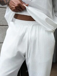 Manfinity Homme 男士棉质休闲长袖可调节袖口半襟立领衬衫和宽松长裤套装男士两件套服装