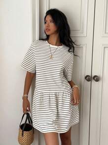 CovetEZ 女式条纹针织宽松娃娃裙，短袖 - 彩色 - 查看 4