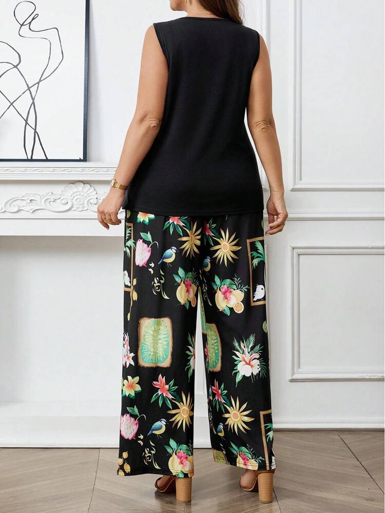 Plus Size Sleeveless Black V-Neck Long Tank Top And Tropical Fruit & Plant Print Pocket Long Pants Knit 2 Pieces Set, Suitable For Spring/Summer Office Outfits For Women