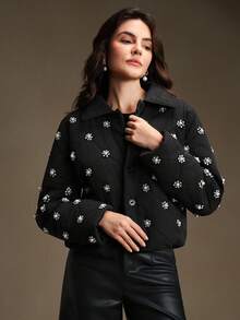 Anewsta 女式短款修身优雅厚重铆钉领黑色冬季外套 - 黑色 - 查看 7