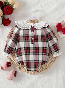 SHEIN 女婴优雅格子彼得潘领连体衣，秋季格子婴儿连体衣红色格子婴儿套装 - 彩色 - 查看 2