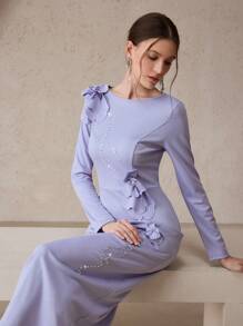 Modelyn 女士花卉 3D 水晶装饰圆领长袖连衣裙 - 紫色 - 查看 7