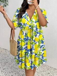 SHEIN Frenchy 大码女式 V 领短袖休闲度假夏季清新柠檬图案连衣裙，女士夏装，飘逸连衣裙 - 黃色 - 查看 5