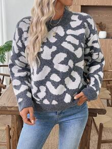 EMERY ROSE Women's Knitted Long Sleeve Crew Neck Pullover Jacquard Contrast Color Pattern Casual Fitted Sweater Gray Sweater Women Sweaters Fall Sweaters Leopard Print Sweater Animal Print Sweater Back To School Outfits Women Fall Clothes For Women Going Out Outfits - Grey - View 1