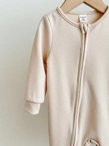 男宝宝舒适纯色圆领长袖前拉链柔软睡衣连体衣