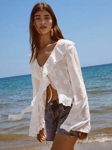 Maija 2025 年夏季新款奶油黄色浪漫荷叶边饰边、系带腰带、不对称下摆、提花纹理面料女式吊带背心，现代优雅休闲办公室日常穿着，适合婚礼宾客、工作、旅行、派对、乡村街头风格、独立日、约会、返校、Y2K 秋季 - 白色 - 查看 5