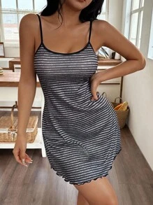 SHEIN Black Striped Knitted Mini Slip Dress With Spaghetti Straps And Lettuce Trim Lounge Dress Sleep Dress