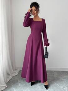 Elenzga Women's Dark Purple Elegant Long Sleeve Maxi Dress,Autumn Vintage Square Neck A-Line Formal Gown With Floral Decor For Wedding,Dining&New Year Party - Red Violet - View 5