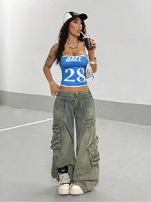 StreetHx Débardeur de sport ajusté court avec imprimé numérique et couleurs contrastées pour femmes - Bleu azur - Voir 1