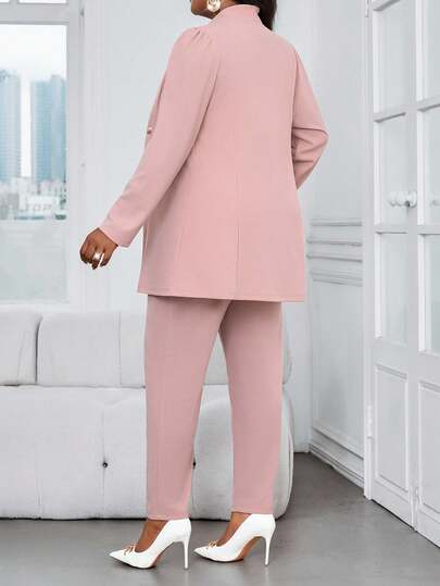 SHEIN Lady 秋冬优雅通勤办公粉色针织立领金色纽扣长袖加大码套装加大码仿皮草外套