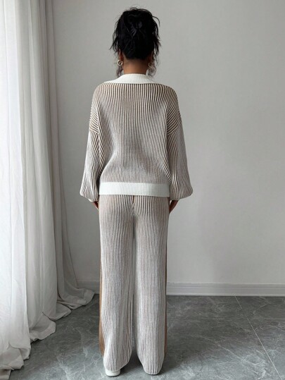 Elenzga 2pcs/Set Women Polo Collar Patchwork Contrast Color Pullover Sweater Top + Long Pants Suit, Autumn/Winter