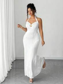 Elenzga Đầm ôm body dệt kim không tay màu trắng thanh lịch cỡ lớn cho nữ, họa tiết hoa 3D bằng kim loại, thích hợp mặc hàng ngày và hẹn hò - trắng - Xem 4