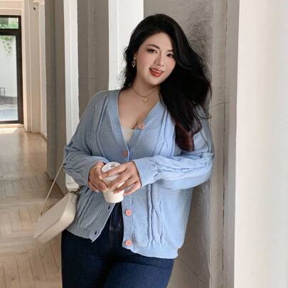 플러스플러스 사이즈 브이넥 루즈핏 니트 가디건, 캐주얼 초가을