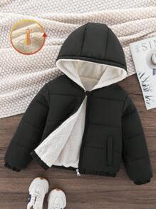 年轻女孩冬季新款黑色拉链连帽保暖内衬加厚真口袋休闲经典棉服外套，秋冬 - 黑色 - 查看 1