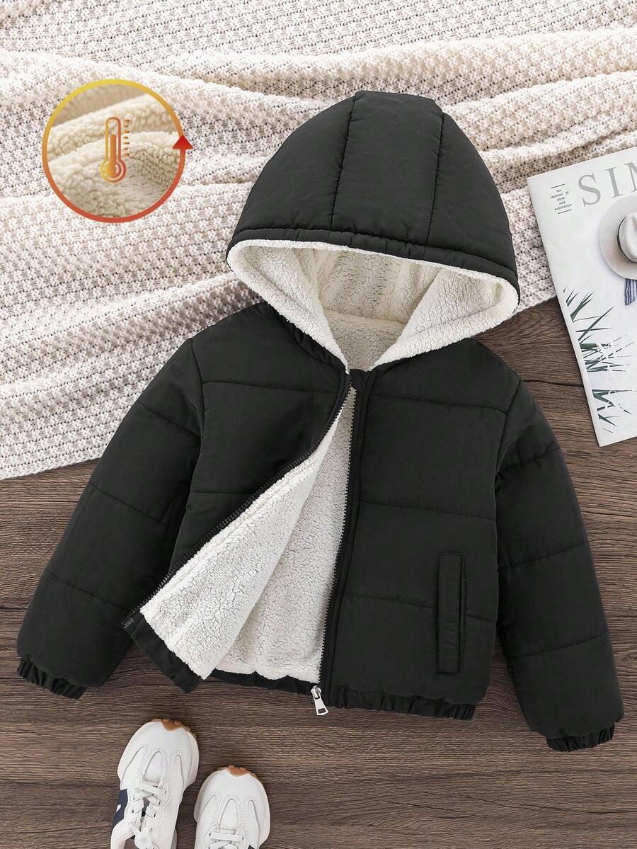 年轻女孩冬季新款黑色拉链连帽保暖内衬加厚真口袋休闲经典棉服外套，秋冬 - 黑色 - 查看 1