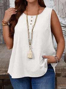 EMERY ROSE Plus Size Women's Casual Khaki Sleeveless Top With Button Decor, Round Neck - White - View 3