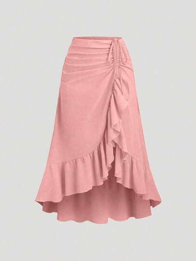 Sweetra 女装新款V字下摆荷叶边抽绳腰部多层半身裙复古风酒红色春夏适合情人节派对波西米亚风