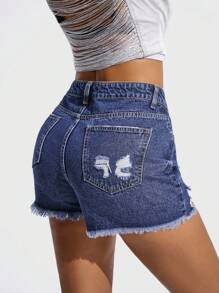 SHEIN ICON Casual Fashion Versatile Sexy Fitted Button Fly Women Denim Shorts - Medium Wash - View 2