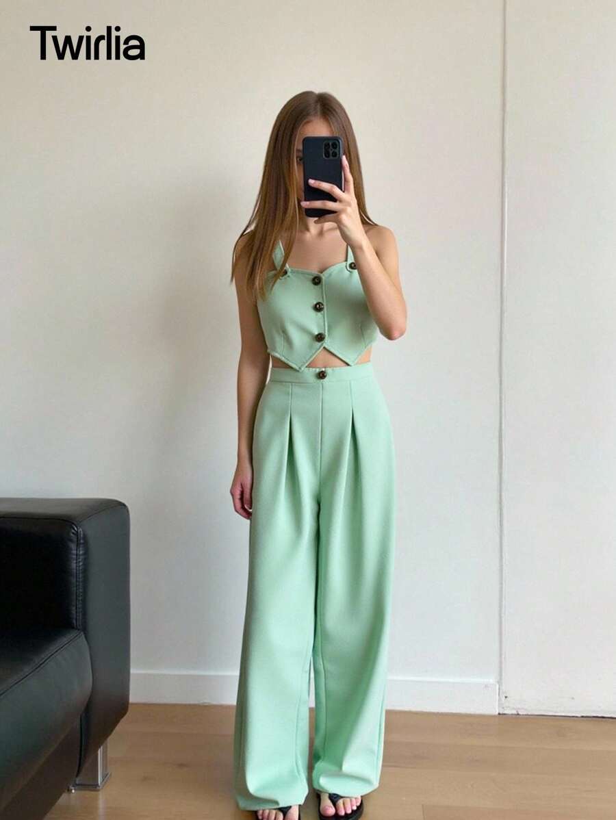 2pcs/Set Elegant Tween GirlsCamisole Top And Trousers Set - Green - View 1