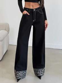 SHEIN Tall HIGH RISE WIDELEG JEAN WITH LEOPARD TALL - Black - View 4
