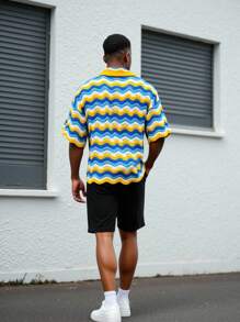 Manfinity Homme Men's Wave Striped Short Sleeve Single-Breasted Casual Knit Top - Mustard Yellow - View 2