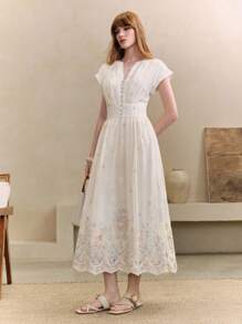 Arave 女式雪纺褶饰刺绣V领修身连衣裙