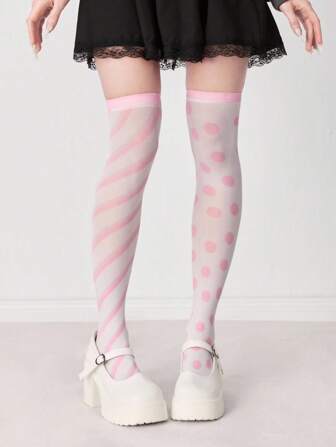 Anime White Asymmetrical Striped And Polka Dot Over-The-Knee Socks, Fashion, Sweet, Cute, Versatile For All Seasons